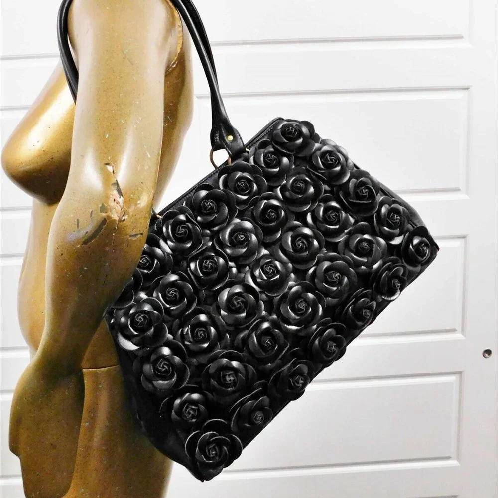 Clever Carriage Company French Black Leather Rose Large‎ Satchel